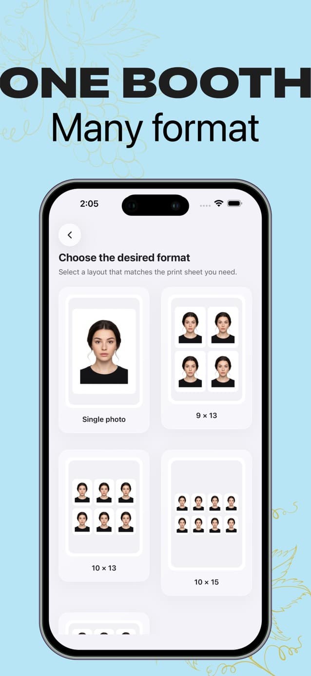 Passport Booth screen showing single-photo and multi-photo print formats