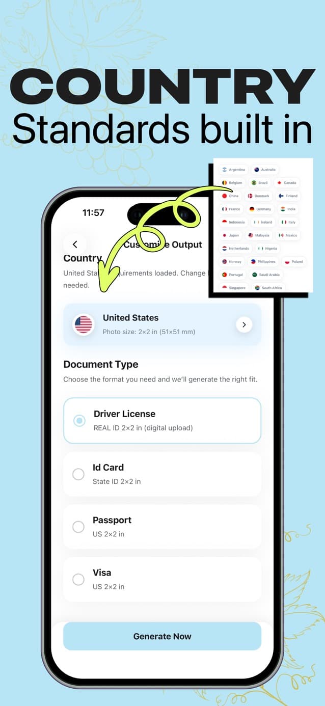 Passport Booth selector for country and passport, visa, ID or driving licence