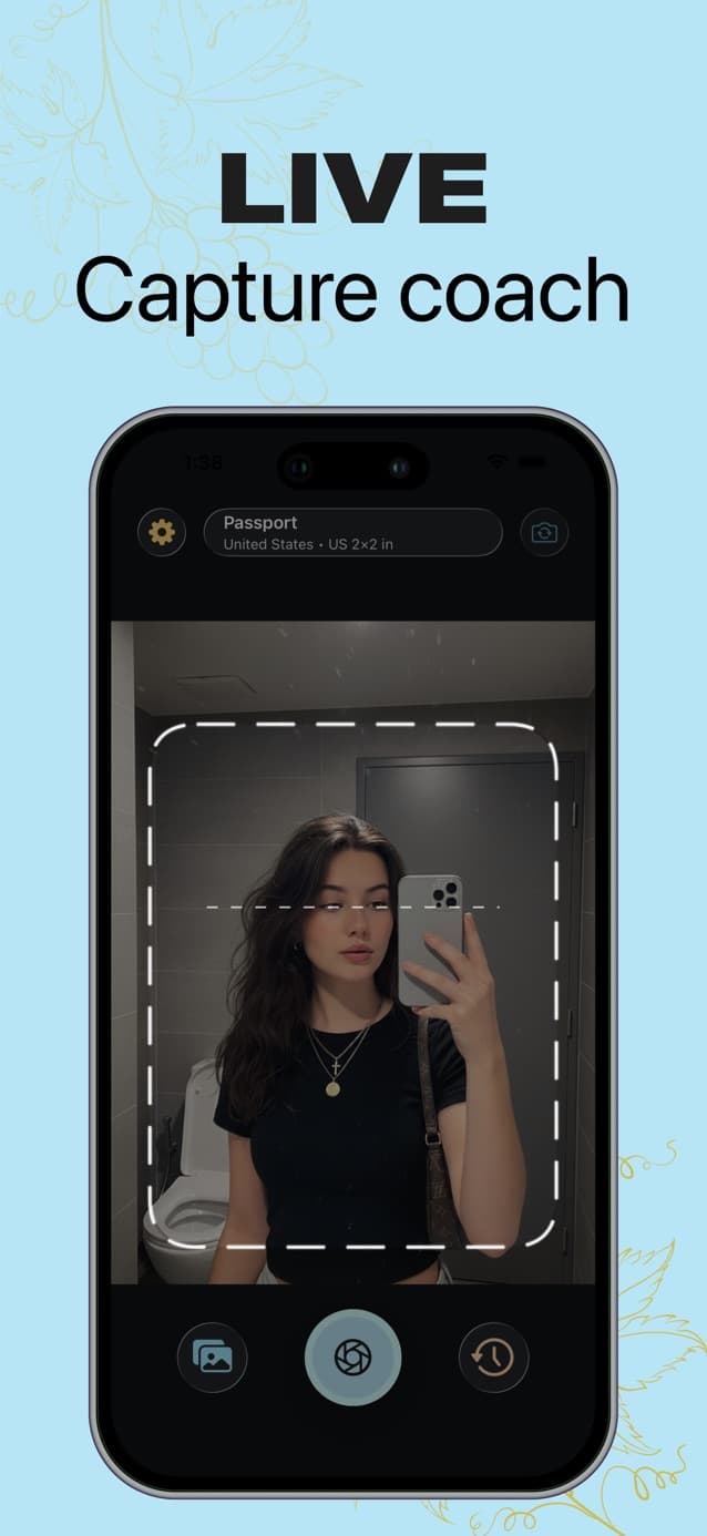 Passport Booth live capture coach showing a face frame and eye-line guide