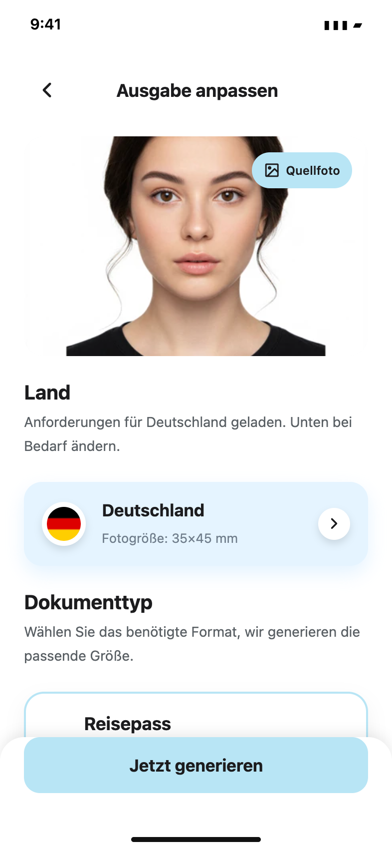 Dokument auswählen — Passport Booth · Deutsch